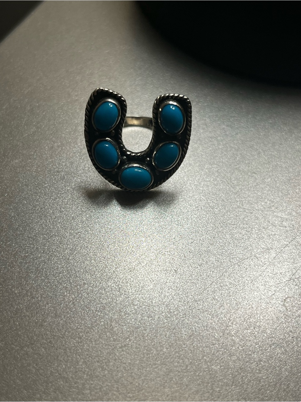 Kingman Turquoise Cabochon Horseshoe Ring - Women Jewelry Sz 7